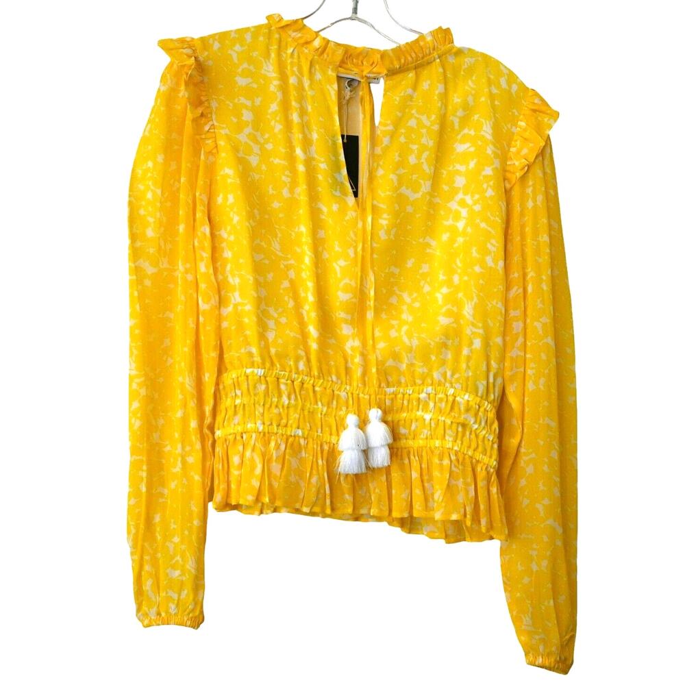 Karina Grimaldi Yellow White Print Ruffled Long Sleeve Blouse Size S